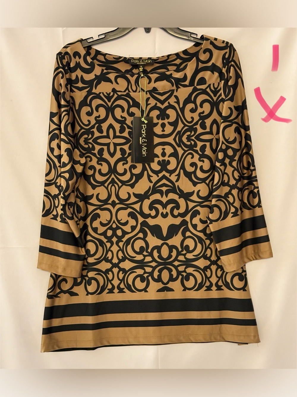 Tan and Black Patterned Tunic Top